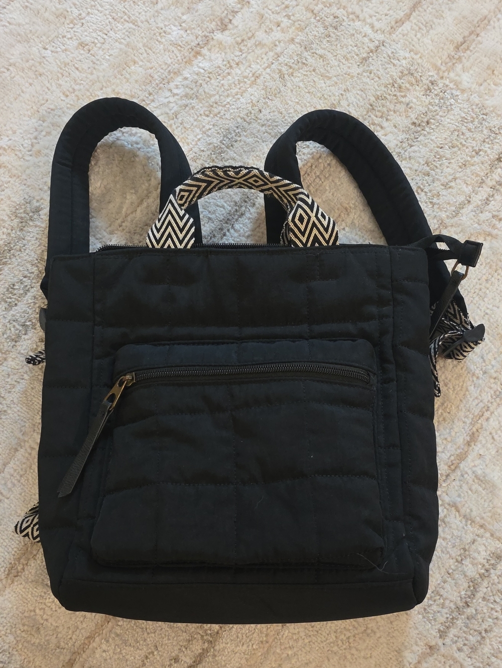 Universal Thread Black Quilted Backpack Tote with Patterned Handles